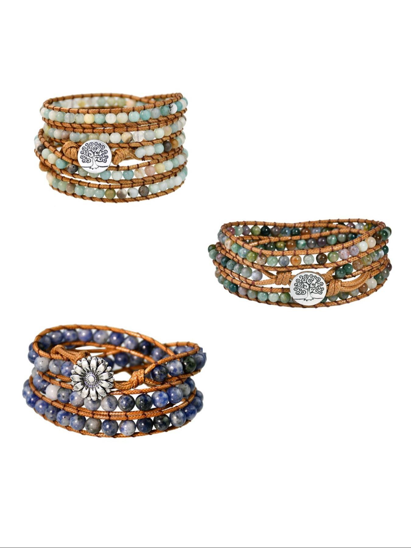 Boho Style Natural Amazonite Beaded Bracelet, Tree Of Life Charm Braided Bracelet for Women & Men, Fashion Jewelry Accessories for Daily Wear, Gift Ideas for Women