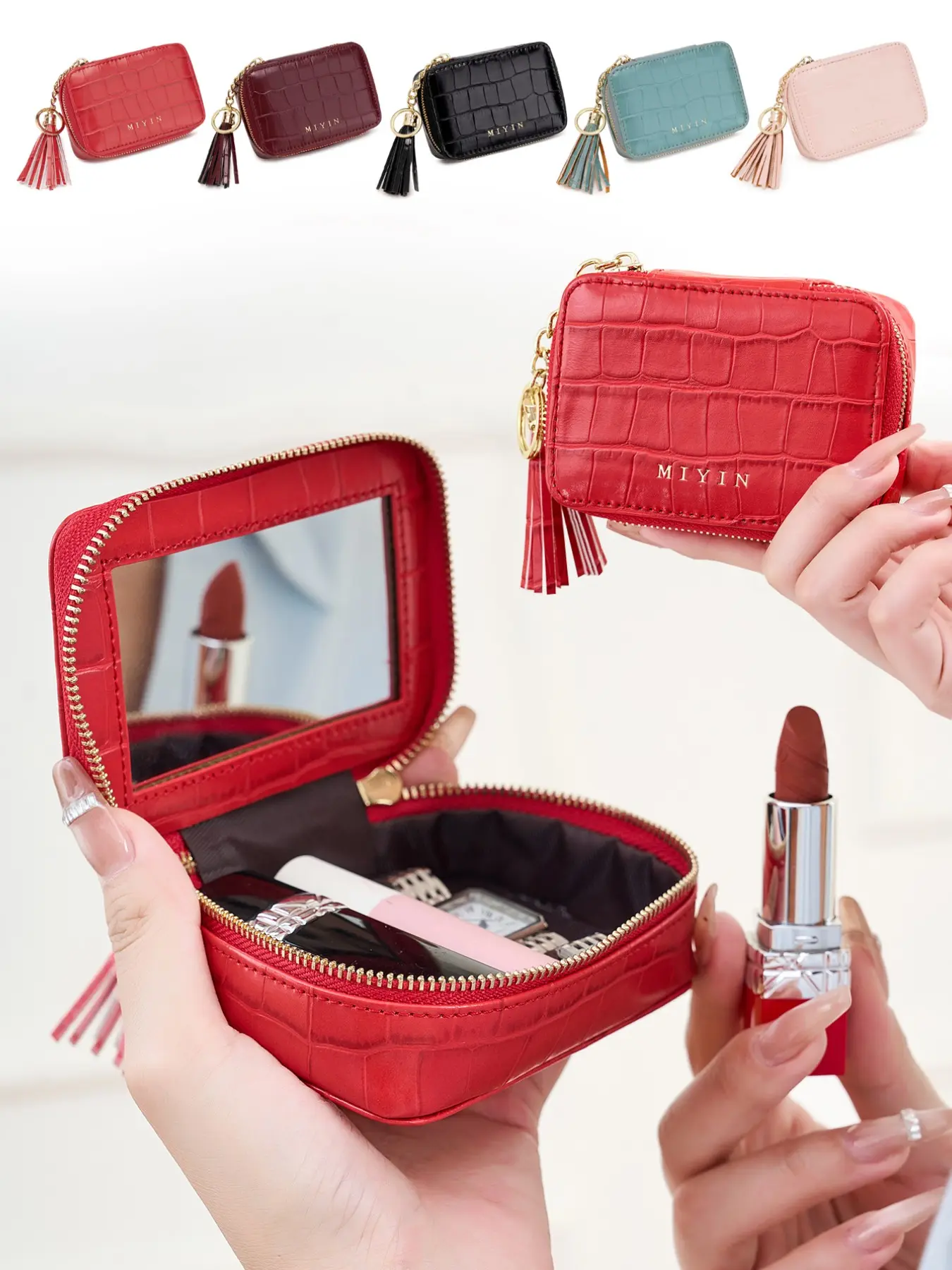 Fashion Lip Makeup Organizer with Mirror, Mini Cosmetic Bag, Cute Makeup Storage Box, Travel Makeup Case, Portable Makeup Pouch, Ideal Gift for Girls, Travel Cosmetic Bags