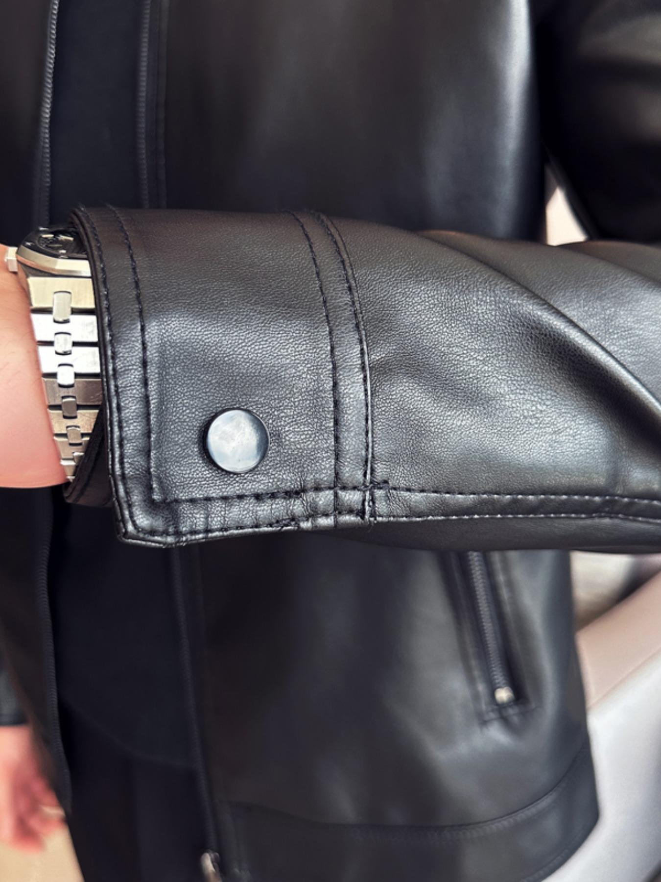 Men's Regular Fit Solid Zipper Pocket PU Leather Jacket, Casual Long Sleeve Collar Outerwear for All Seasons, Fashion Men's Clothing for Daily Wear