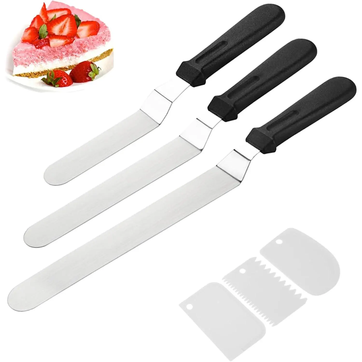 Stainless Steel Offset Icing Spatula Set - Bakeware with Angled Tip, Smooth Edge, Sturdy Non-Slip Handles, Flexible 6in, 8in, 10in Sizes, 3 Scrapers, Ideal for Cake Decorating, Default Baking Tool
