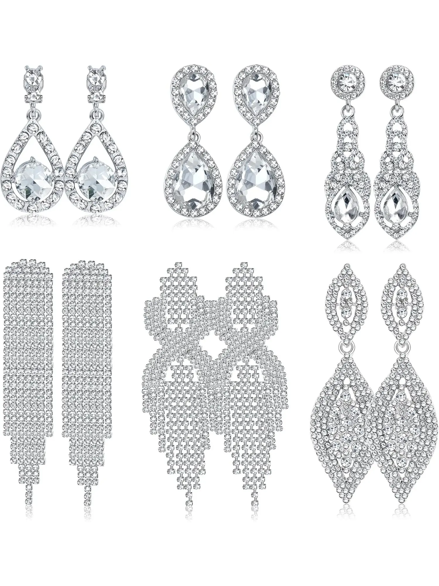 6 Pairs Sparkly Rhinestone Chandelier Dangle Earrings for Women, Silver Long Tassel Statement Drop Earrings Ideal for Wedding Bride Bridesmaid Prom Party Jewelry