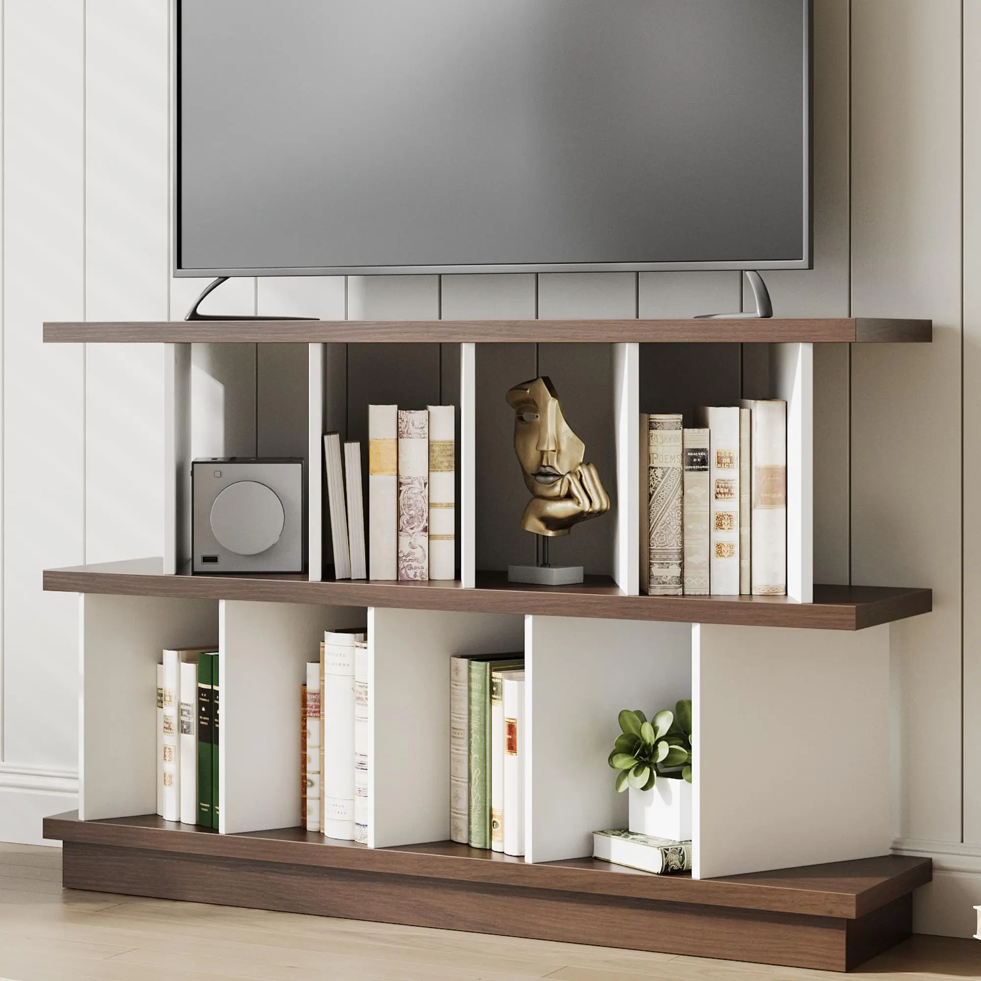 Garvee Farmhouse Horizontal Bookshelf - 8 Cube Wood Storage Organizer, Short Geometric Bookcase, Space-Saving Display Shelves for Living Room, Nursery, Apartments in Walnut Finish
