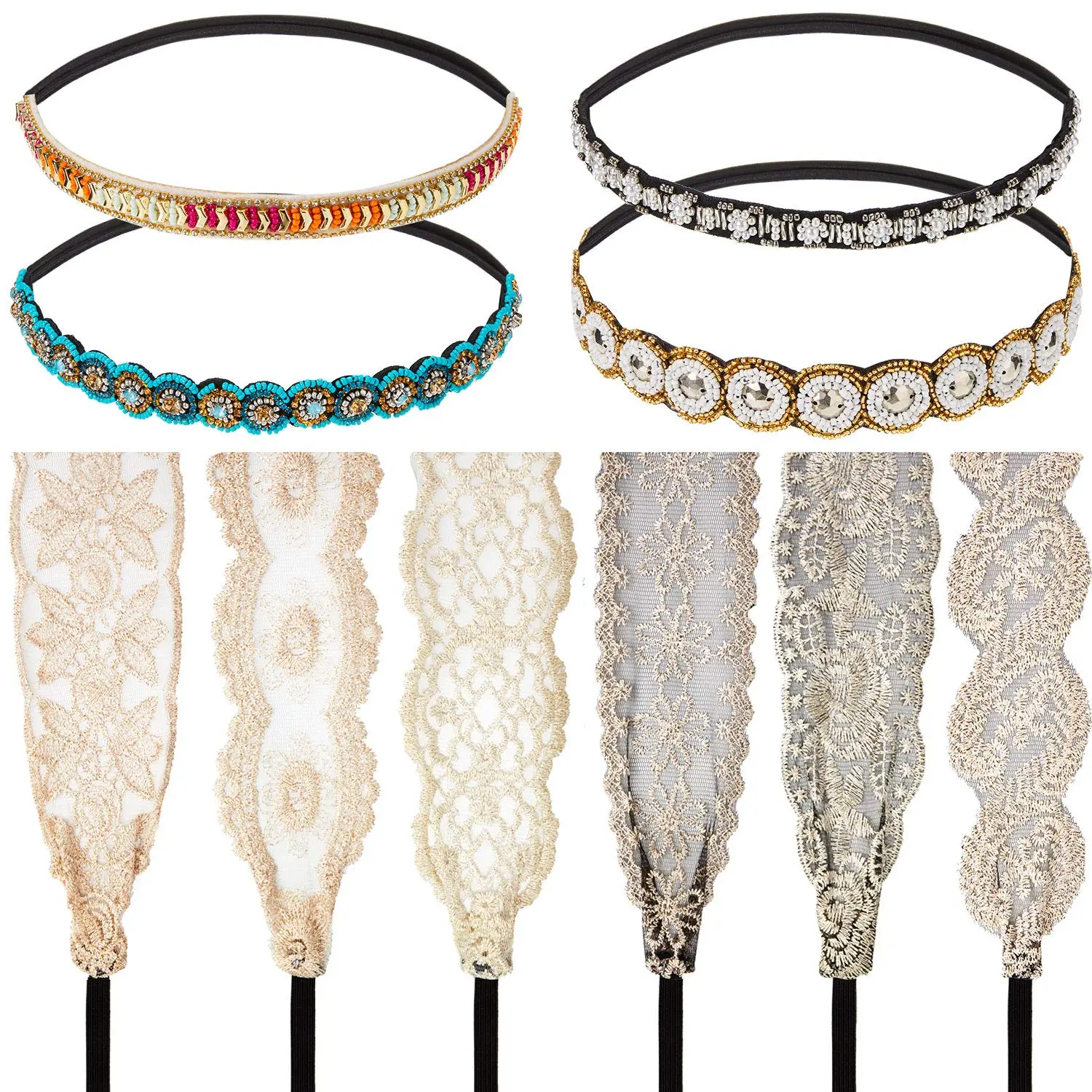 10 count Rhinestone Beaded Headbands Elastic Elegant Lace  Headwraps Wide Hair Bands    Hairbands for Women Hair Accessories