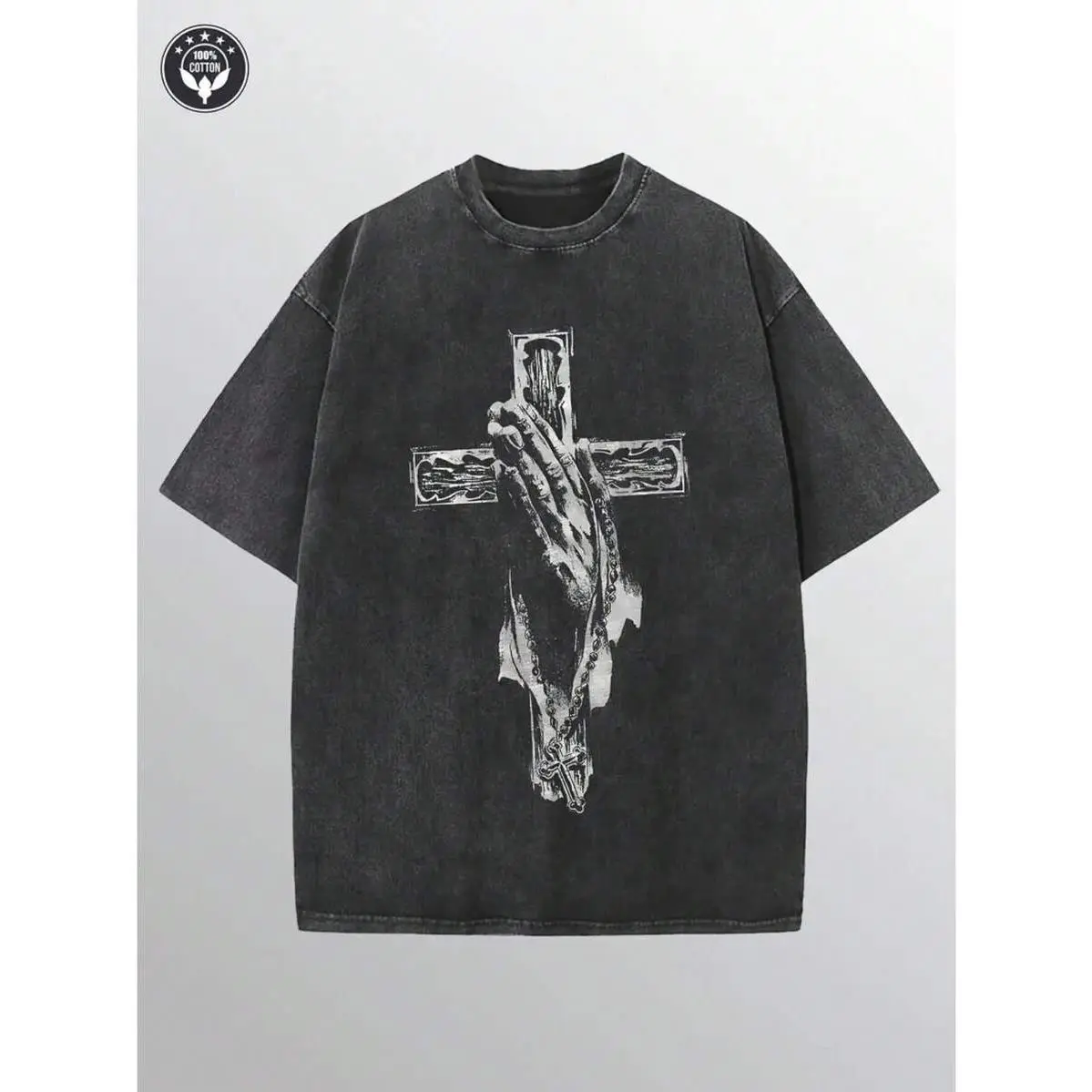 Men's Vintage Style Distressed Denim T-Shirt With Cross Print -100% Cotton, Round Neck, Short Sleeves, Versatile Fashion Top For Outdoor Wear, Denim Top