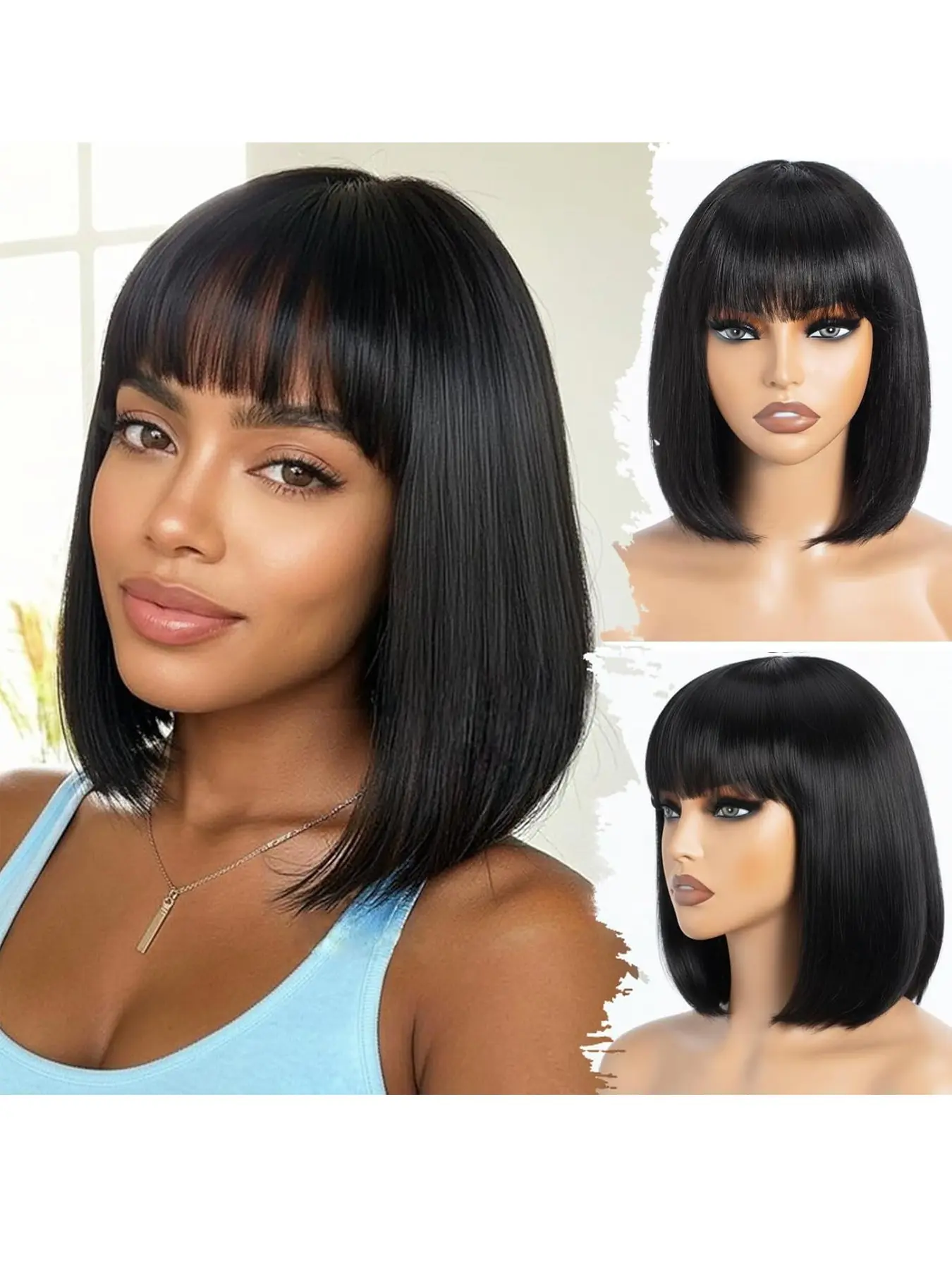 Short Bob Bangs Wig Synthetic Hair 10Inch Straight Bob Wigs for Women Full Machine Made Rose Net No Lace Glueless Wigs Suitable for Daily Wear, Parties, Vacations,Cosplay Wigs