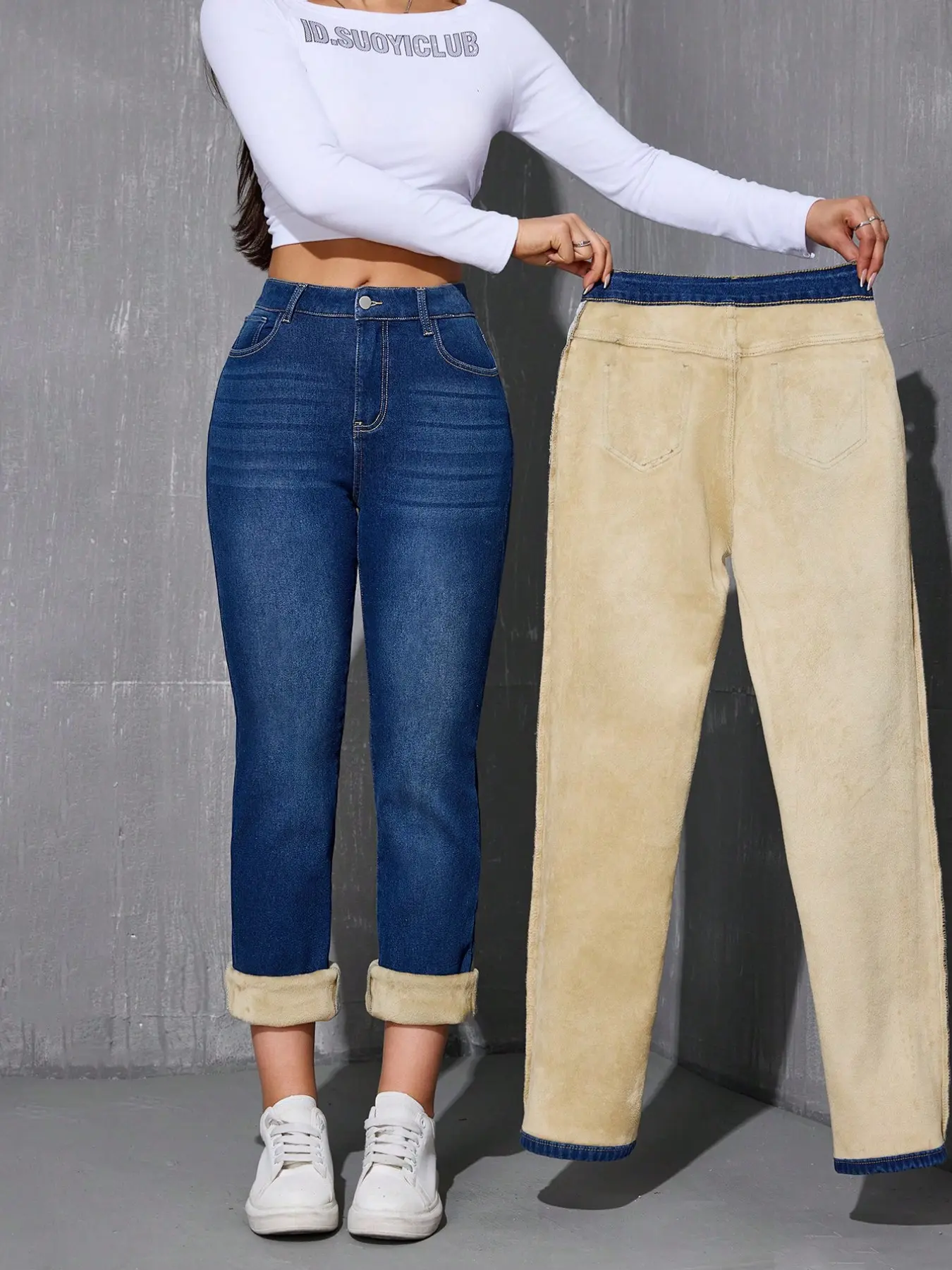 Women's Winter Windproof Warm High Waist Slim Fit Jeans, Thick Sheepskin Lining Full-Length Pants, Casual Daily Wear for Cold Weather