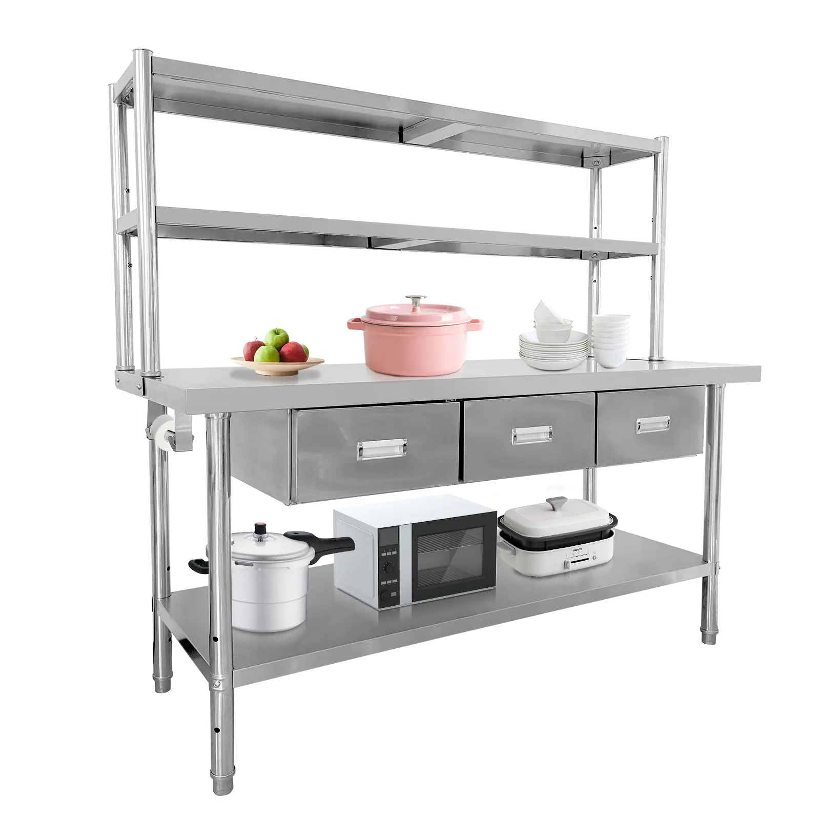 Heavy Duty Stainless Steel Commercial Work Table with 2-Tier Overshelves - Durable Food Prep Station - Ideal for Restaurant, Kitchen, Hotel, Industrial - Sturdy Metal Construction - Size: 150*60*165cm