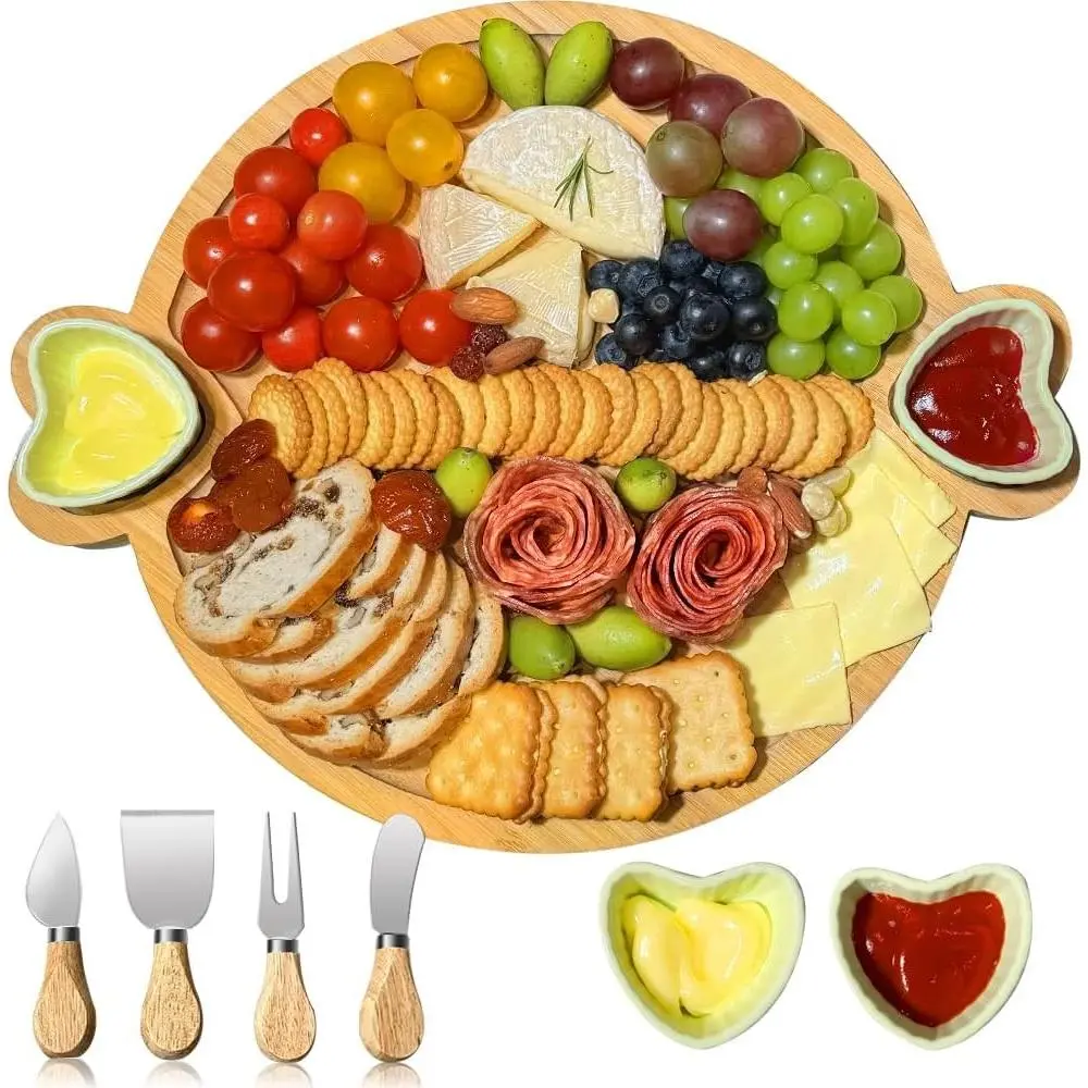Aesthetic Heart Ceramic Bowl & Cute Bamboo Charcuterie Board - Small Round Meat Fruit Serving Platter, Housewarming Gift for Women, Ideal for New Home Weddings, Set