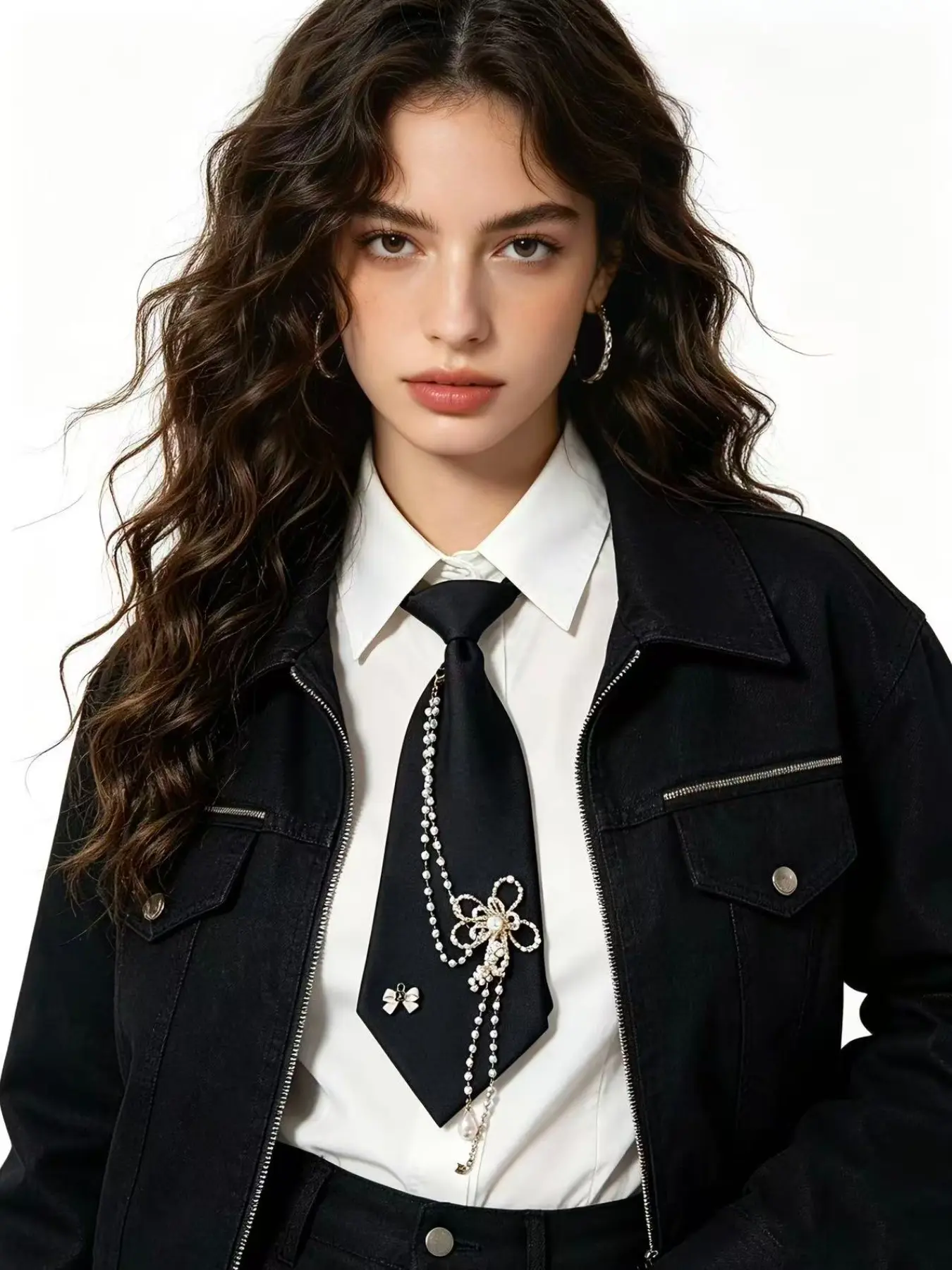 25cm Pre-tied Black Necktie with Pearl Flower Chain Accent, Adjustable Coquette Style, Unisex Accessory for Blouse, Party & Daily Wear