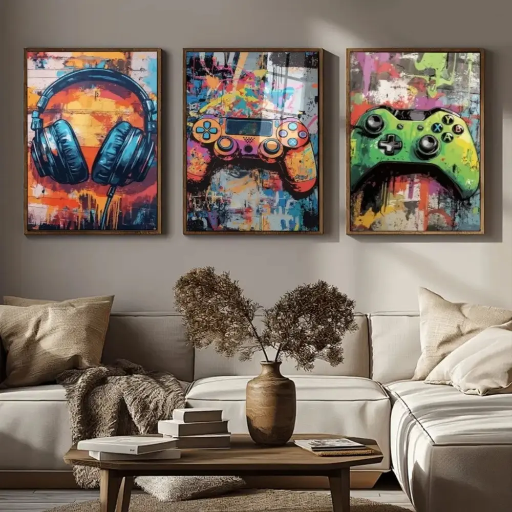 3 Pieces Graffiti Gamepad Headphone Gamer Art, Gaming Room Wall Mural, E-sports Trend Home Art, Street Style Gallery Decor, Dark Tone Poster, Wall Decor for Boys Room, Playroom and Cybercafe, Framed or Unframed.