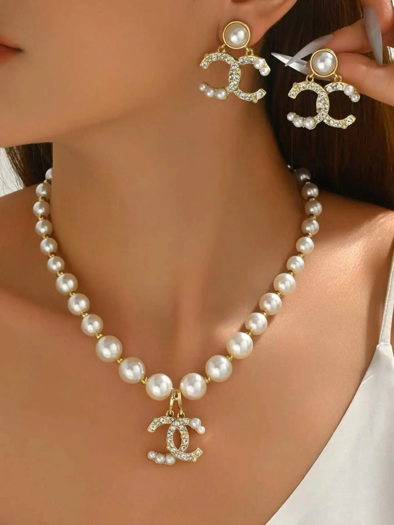 3 Piece Geometric Diamond Design Earrings, Long Pearl Fashion Jewelry Set, Stainless Steel, Sexy Style, All Seasons, Plain Pattern