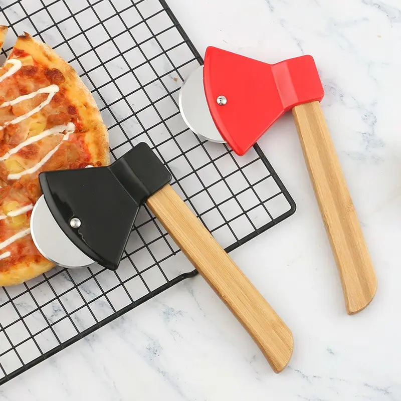 Creative Axe‑Shape Bamboo Handle Cutter Multi‑use for pizza, bread, pastry and baking dough. Comfortable bamboo grip, sharp blade, lightweight handy kitchen small tool for daily home cooking and baking time.