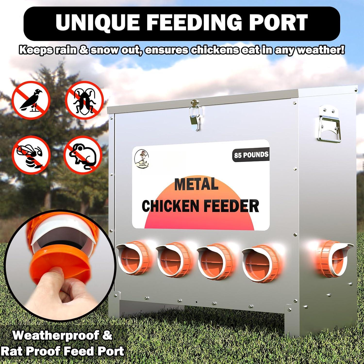 Metal Chicken Feeder Large Capacity 85lbs Automatic Metal Rat Proof Chicken Feeders No Waster Weatherproof Poultry Feeder for Chickens, Geese, Ducks, Turkeys, Quails (6-Port)