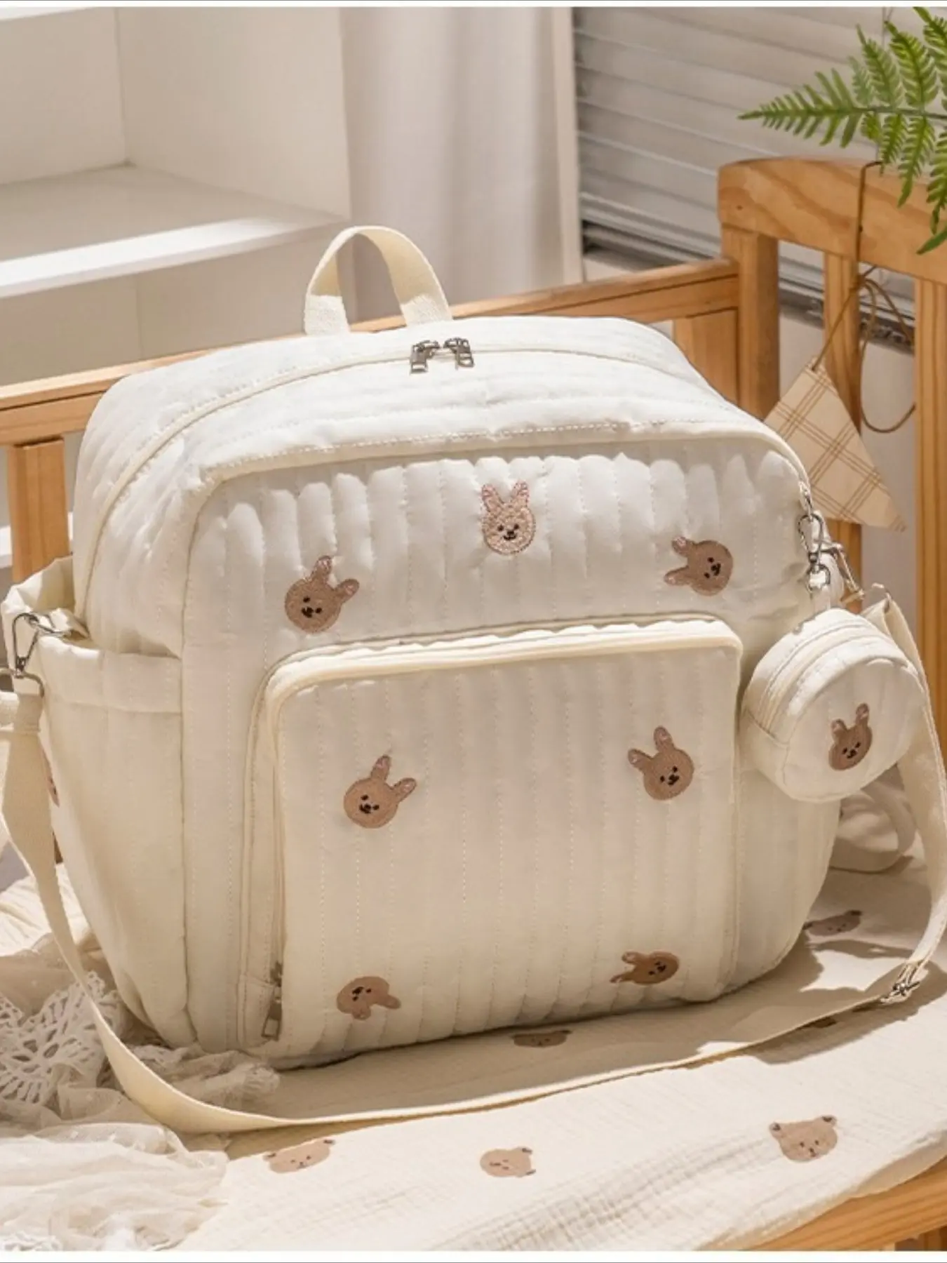 Women Cute Cartoon Embroidery Quilted Diaper Backpack, Large Capacity Lightweight Maternity Bag, Waterproof Baby Travel Mommy Backpack