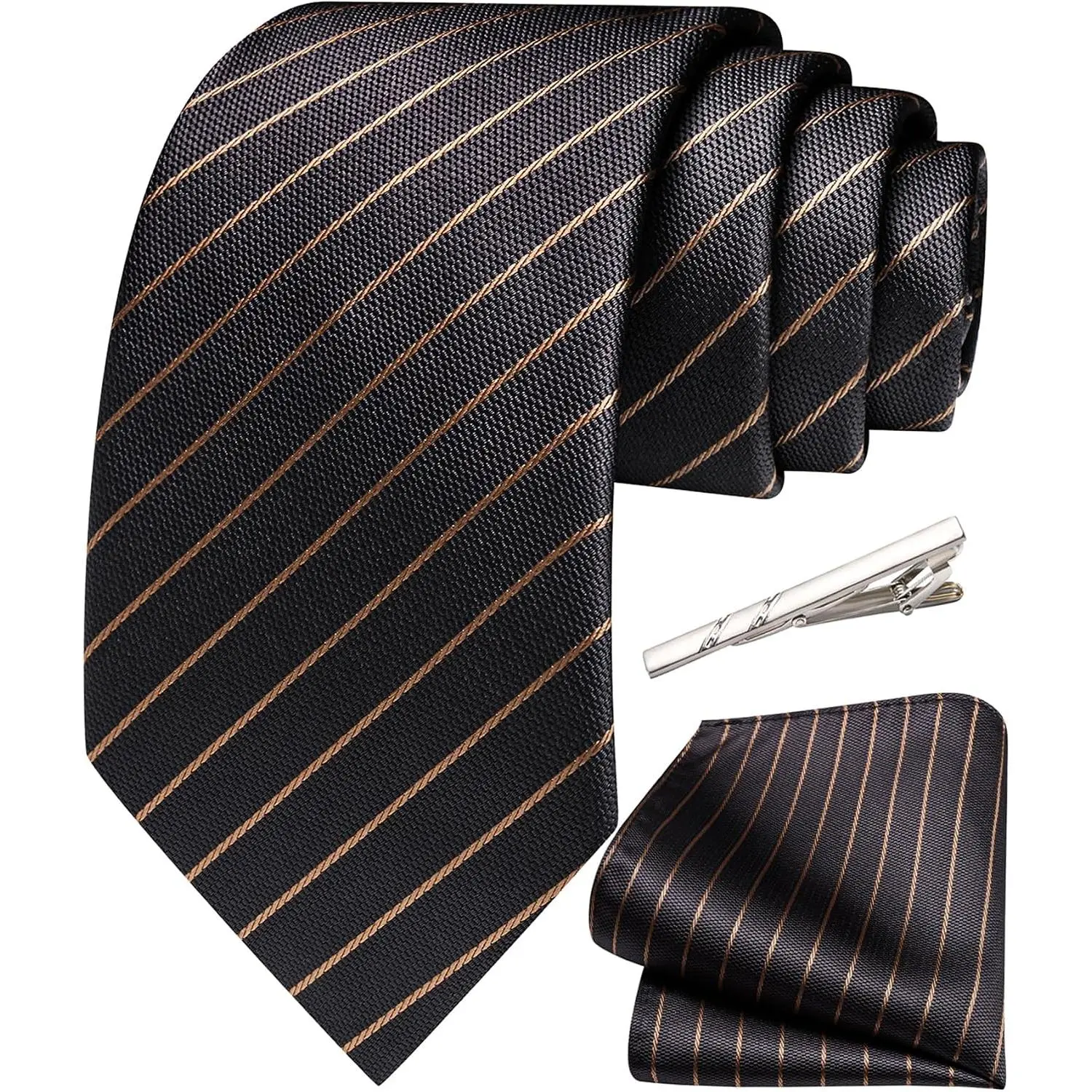 63 inches Extra Long Ties for Big and Tall Men Silk Striped Necktie Pocket Square Tie Clip Set Business Wedding
