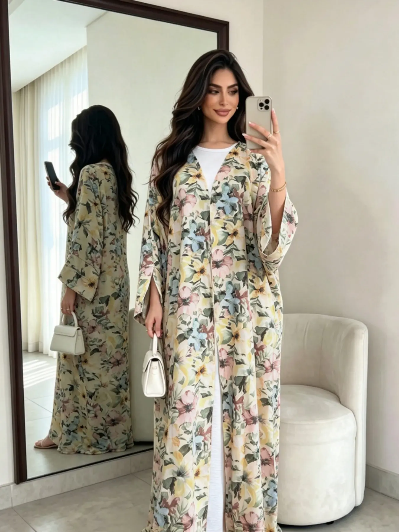 Open Abaya Set, Dubai Islamic Muslim Elegant Floral Print, Loose Fit Satin Long Coat, Middle Eastern Women's Casual Fashion Robe