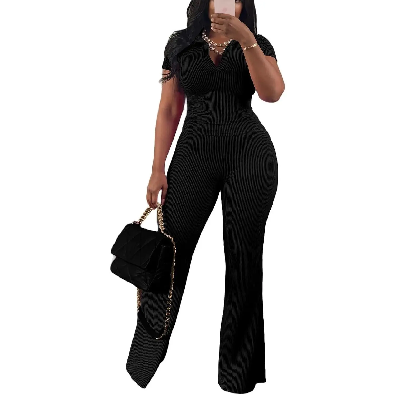 Women’s 2 Piece Outfit Ribbed Short Sleeve V Neck Polo Top Flare Pants Casual Lounge Sets Tracksuit