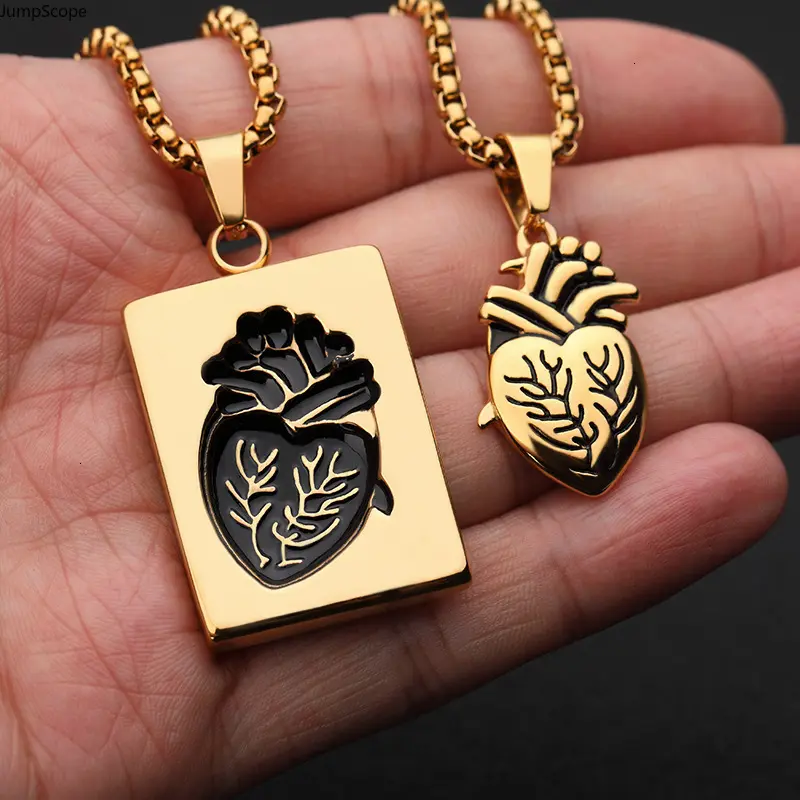 2-Pcs Unisex Gold Silver Stainless Steel Anatomical Heart Matching Sets Necklaces - Gothic Punk Hollow Tags, Rectangle Pendant Box Chain Jewelry for Valentines Promise Gift