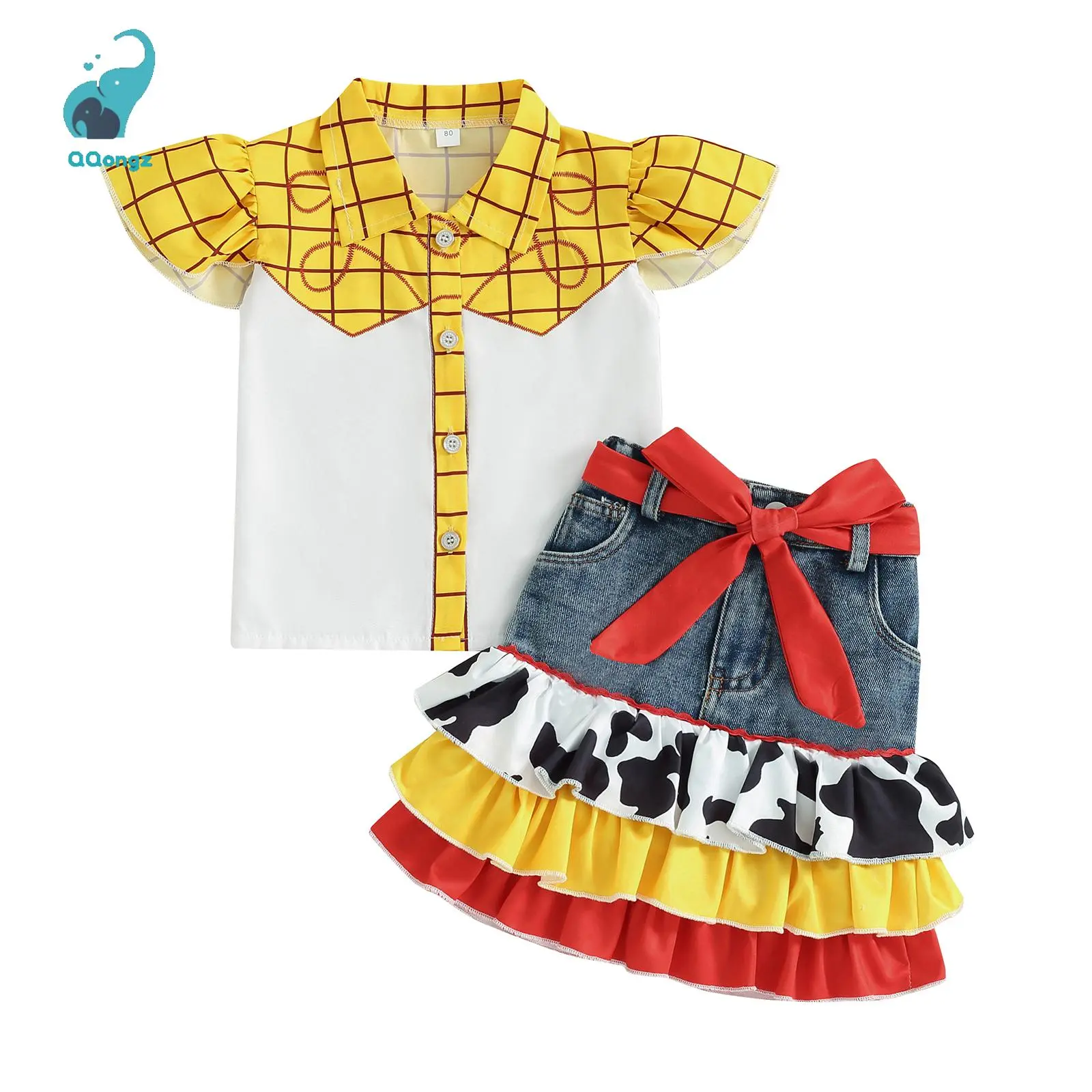 Girls' summer three-piece set: a plaid top with flutter sleeves, a cow-print ruffled denim skirt, and a headband.