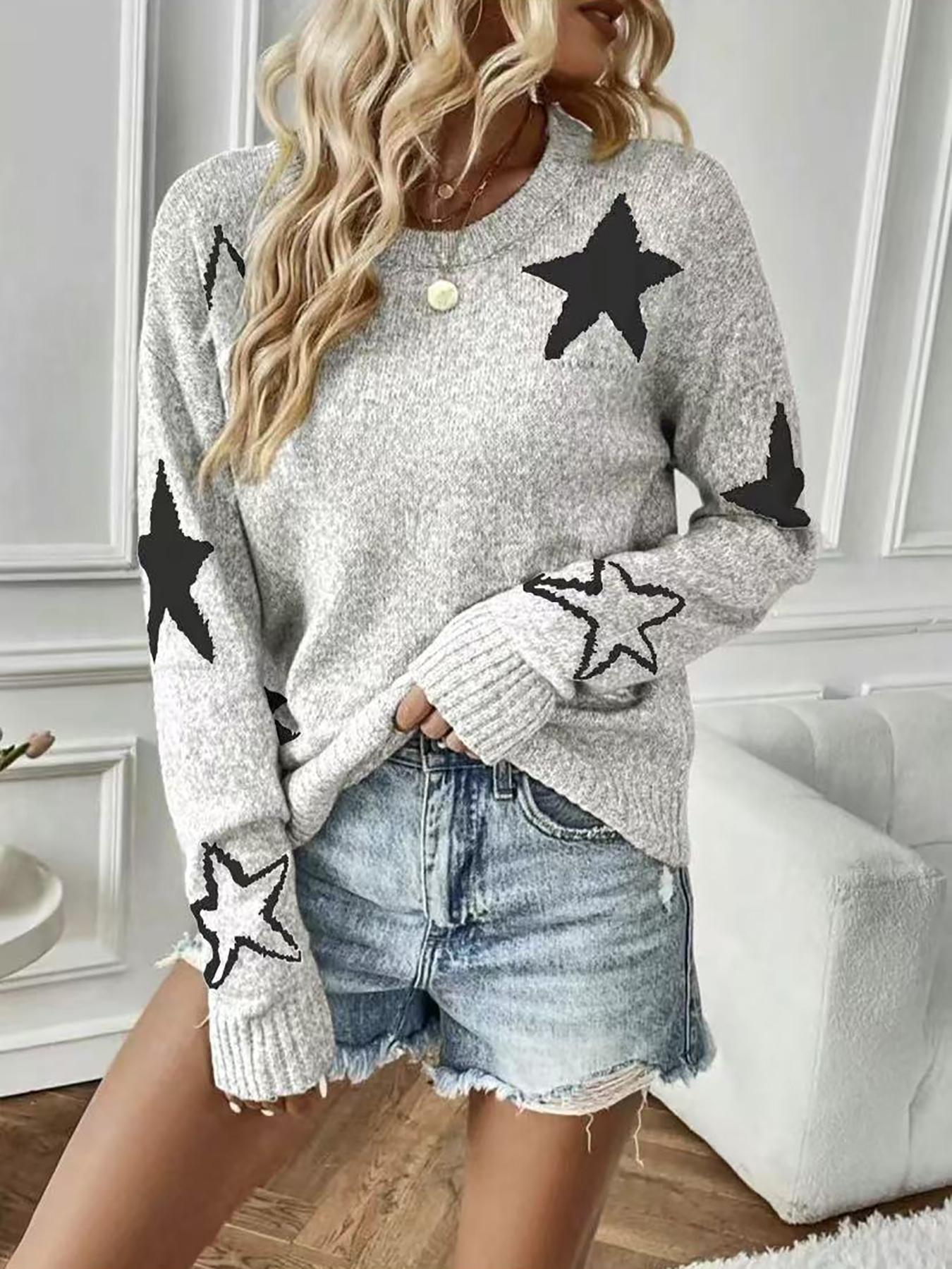 Women's Star Pattern Pullover Sweater, Fall Winter Knit Fitted Long Sleeve Top, Unique Design, Cute Style, Perfect for Casual Wear, Womenswear
