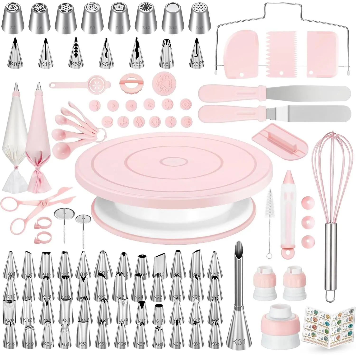 158 Cake Decorating Kit Baking Supplies Tools for Beginners & Pros | Cake Stand Turntable, Icing Piping Tips, Disposable Reusable Pastry Bag, Spatulas, Video Tutorial, Pattern Chart