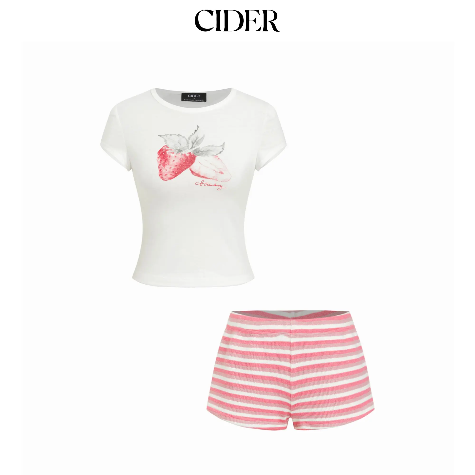 Cider Strawberry Graphic Round Neck Tee and Striped Shorts Set SohoChic