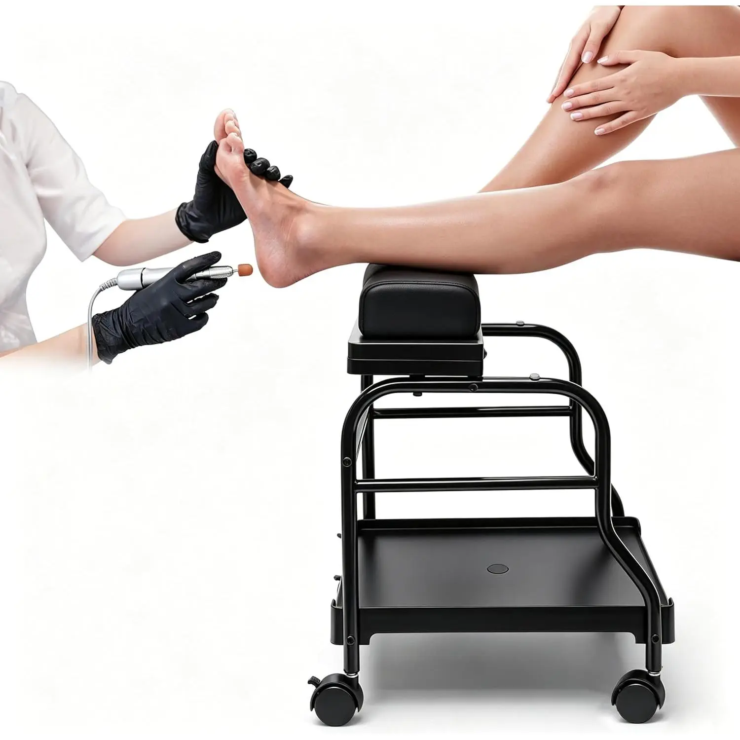 Pedicure Cart with Wheels &  Pads, Salon Trolley  Foot Care | Steel Frame, 40kg Capacity, Silent Casters with Brakes, Foldable Pedicure Foot Rest, 5cm Thick Cushion 2 Way Use Black