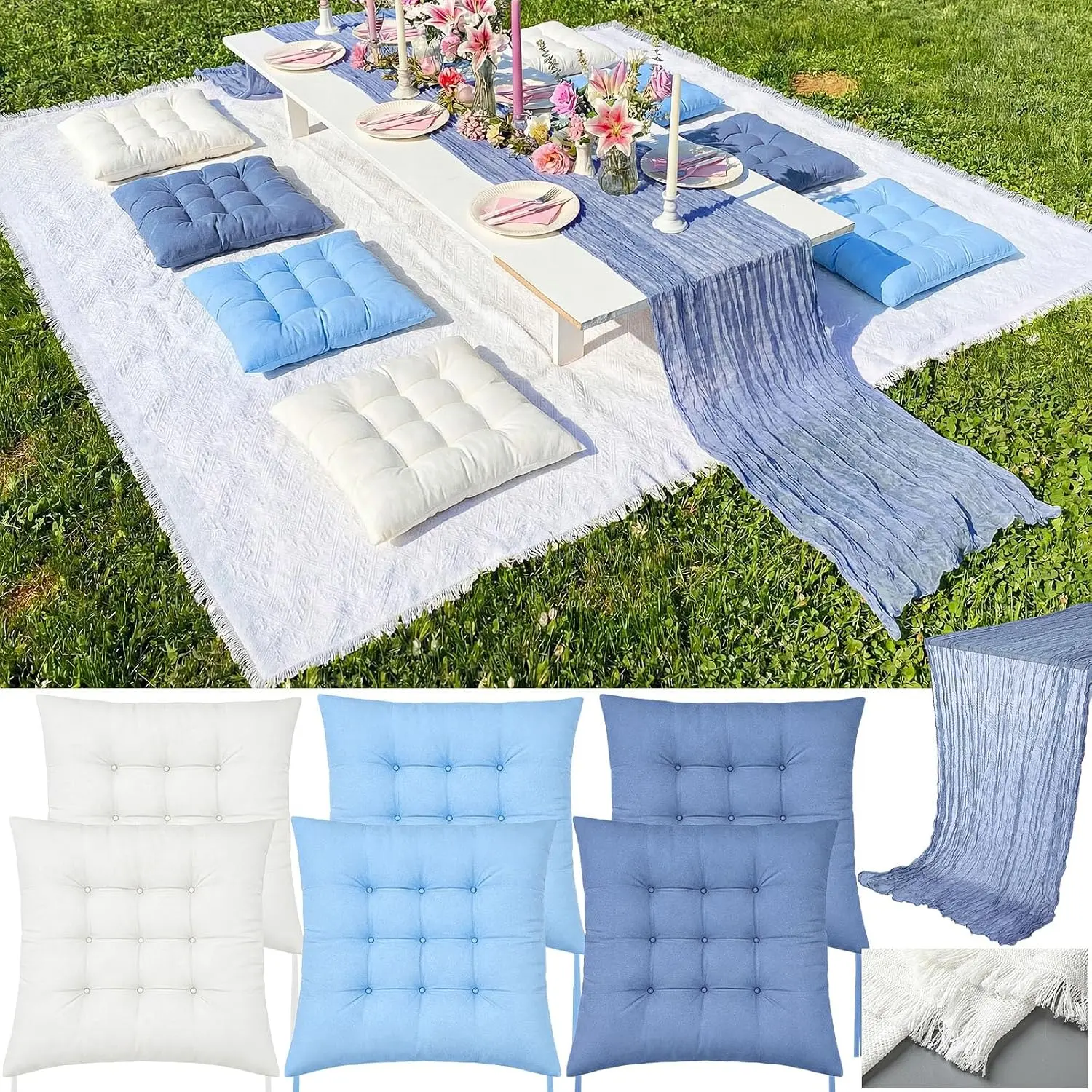 8 Pcs Fit for 6 People 91 x 71'' Extra Large Outdoor Picnic Blanket with Blue White Table Runner and Floor Pillow Cushion Fit for 6 People Picnic Wedding Birthday Baby Shower Backyard Decor