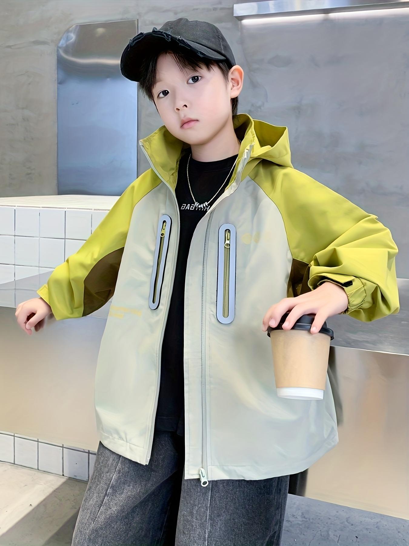 & ' Hooded Jacket with Half-Zip & Full-Zip Front - Lime Green/Yellow/Brown Color Block Windbreaker, Full-Zip Hood & Full-Zip Back, Durable for Kids Outdoor, Casual Wear (Spring/Fall) - Easy-Care Zipper