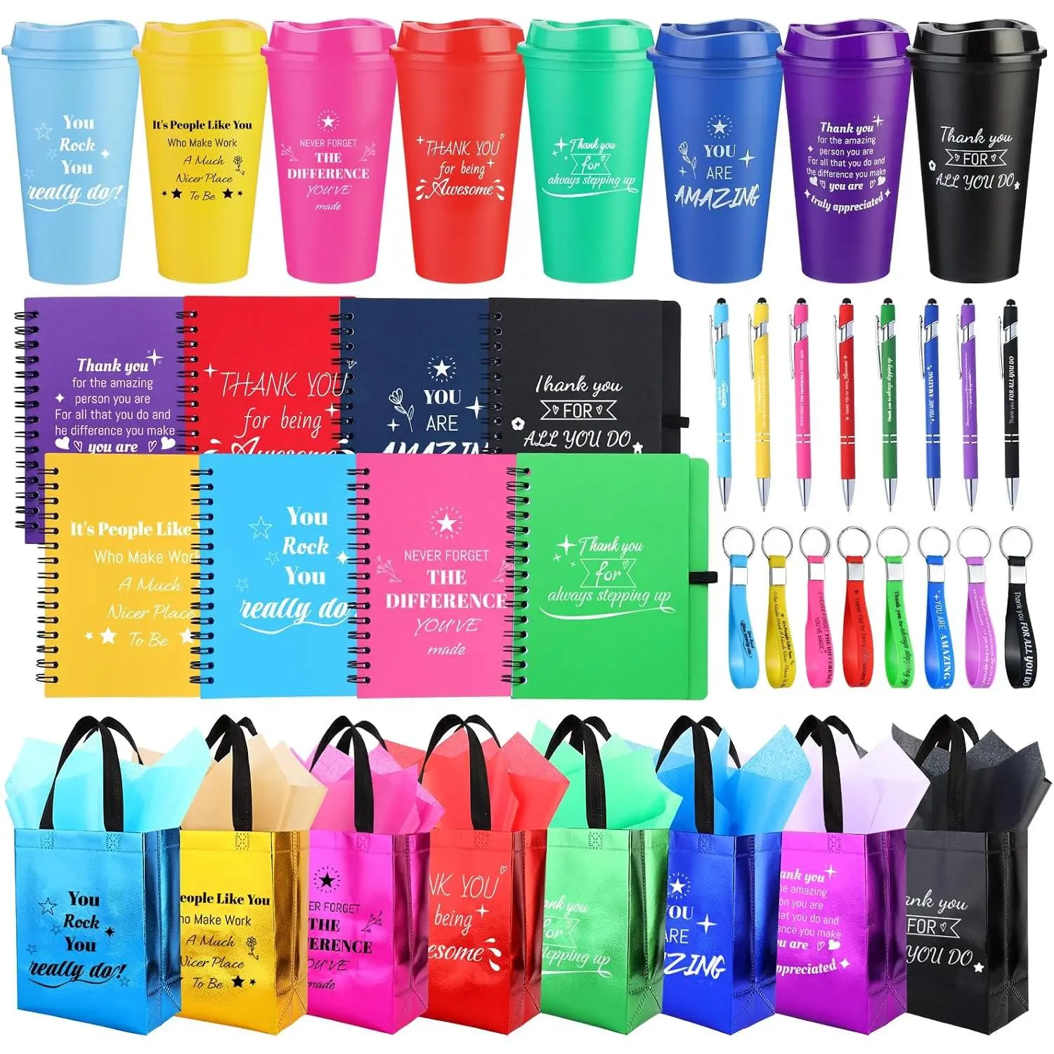 48 count/8 Sets Employee Appreciation Gifts Bulk - Includes Thank You  Bags with Tissue Paper Notebooks Pens Cups Keychains - Thank You Gifts for Coworkers Teachers Staff Team Volunteers (Colorful)