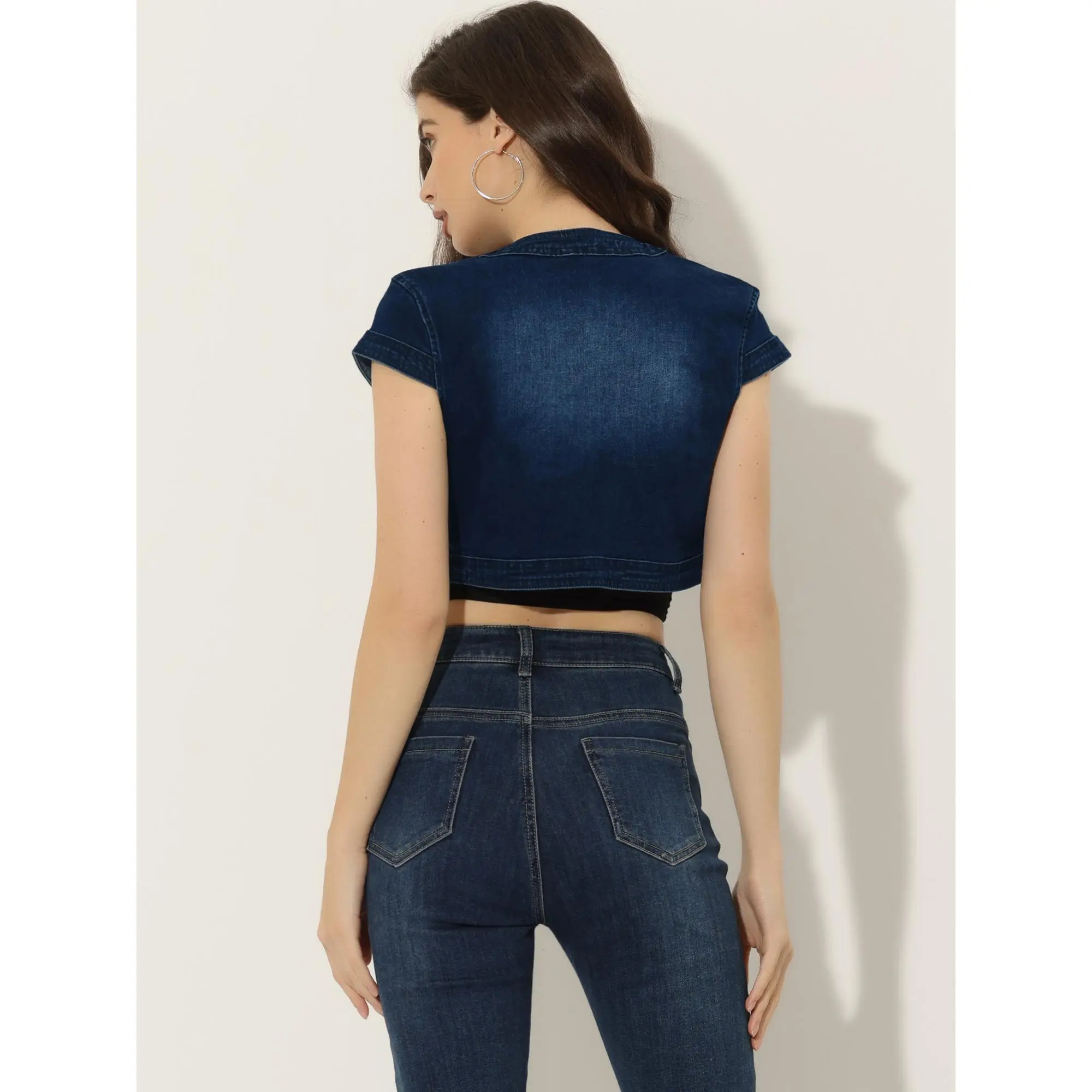 Women's Crop Denim Jacket Casual Denim Cardigan Cap Sleeve Summer Outfits Jean Jacket Shrug