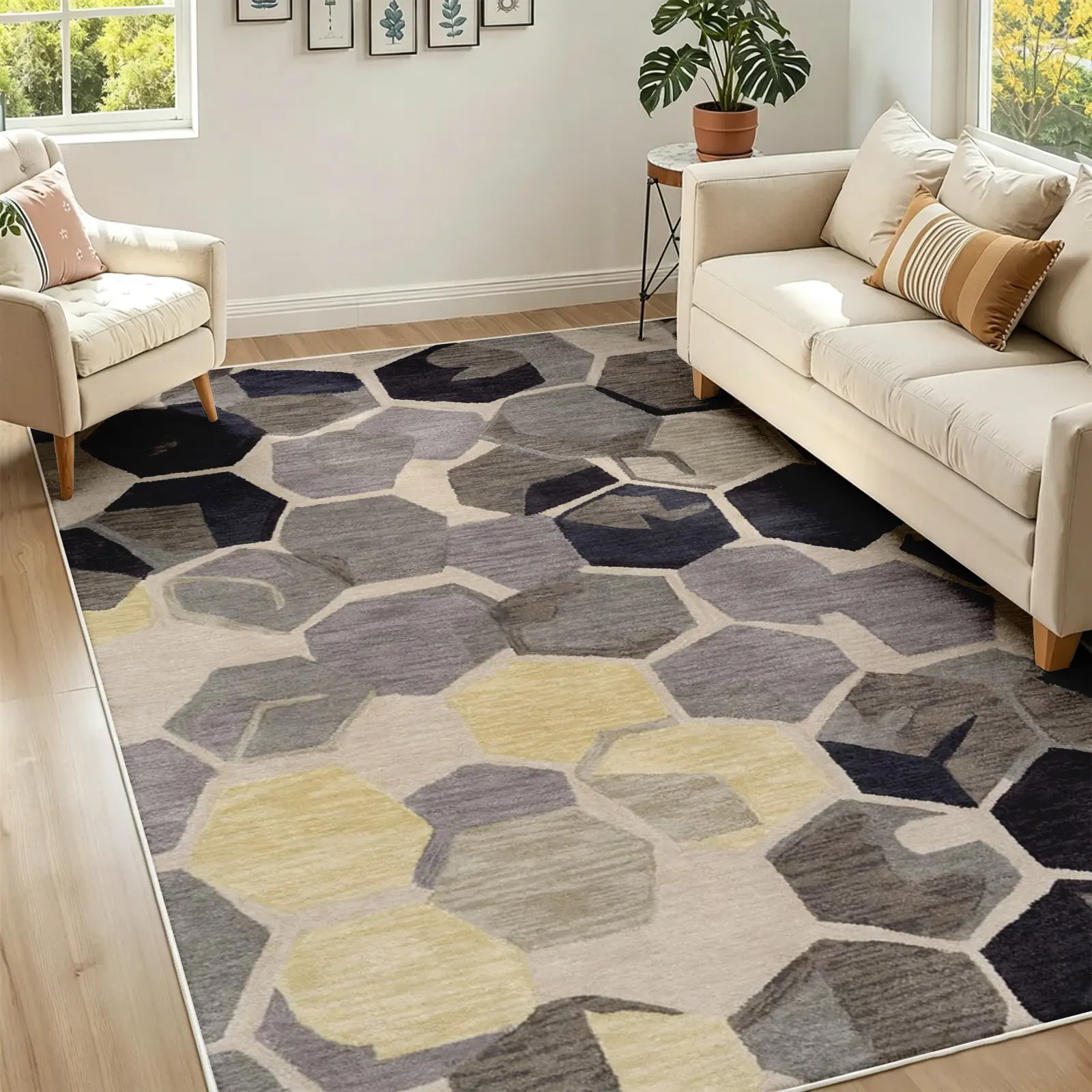 [Moving Season]Geometric Hexagon Area Rug, Grey and Mustard Yellow Abstract Carpet, Cozy Plush Faux Cashmere, Machine Washable Non Slip Rug for Bedroom Living Room Dining Room Office, Stylish Home Decor, Room Decor (Various Sizes)