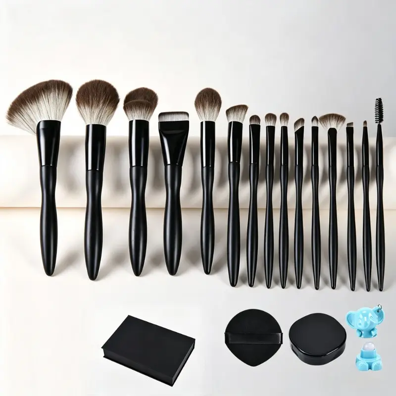 15-Piece Professional Makeup Brush Set, Soft Bristle, Handle, Includes Sponge, Case, Cleaning Tool, Ideal for Foundation, Blush, Eyeshadow