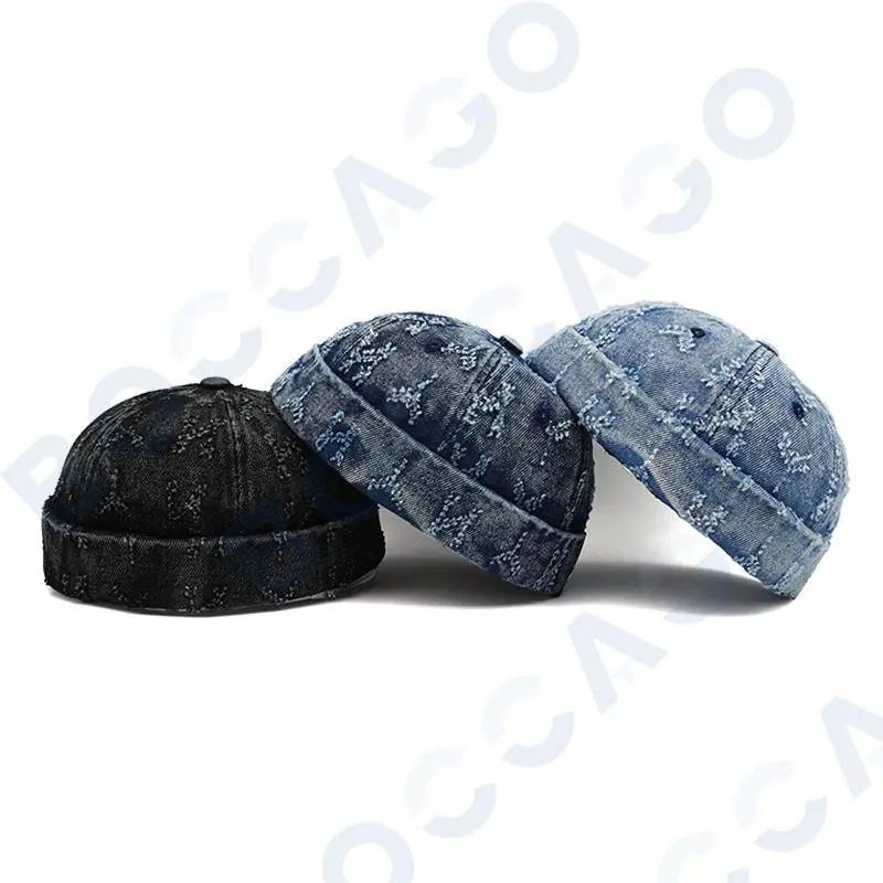 Unisex Brimless Beanie in Vintage Washed Denim, Docker Cap with Ripped Edge for a Casual Street Look - Adjustable, Casual Wear, Unisex Fit