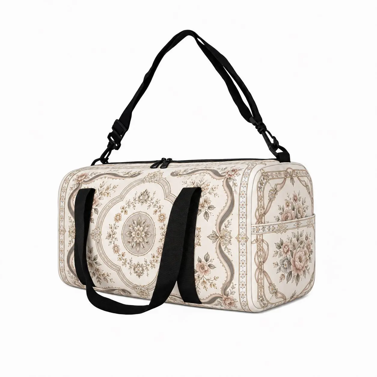 Ivory Floral Travel Duffel Bag for Men Women, Polyester Fabric, Dual Carry Handles, Adjustable Shoulder Strap, Top Zipper Closure, Dual Pulls, Rounded Body, Side Pocket for Overnight Stays, Gym Sessions, Road Trips, Campus Use, Hotel Stays, City Commutes