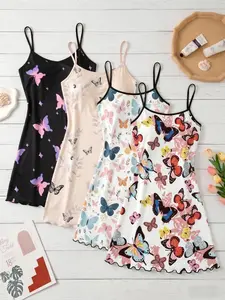 4-Pack Butterfly Print Nightdresses, Sleeveless Spaghetti Strap Slim-Fit Sleepwear, Breathable & Comfortable, Casual Home Wear for All Seasons