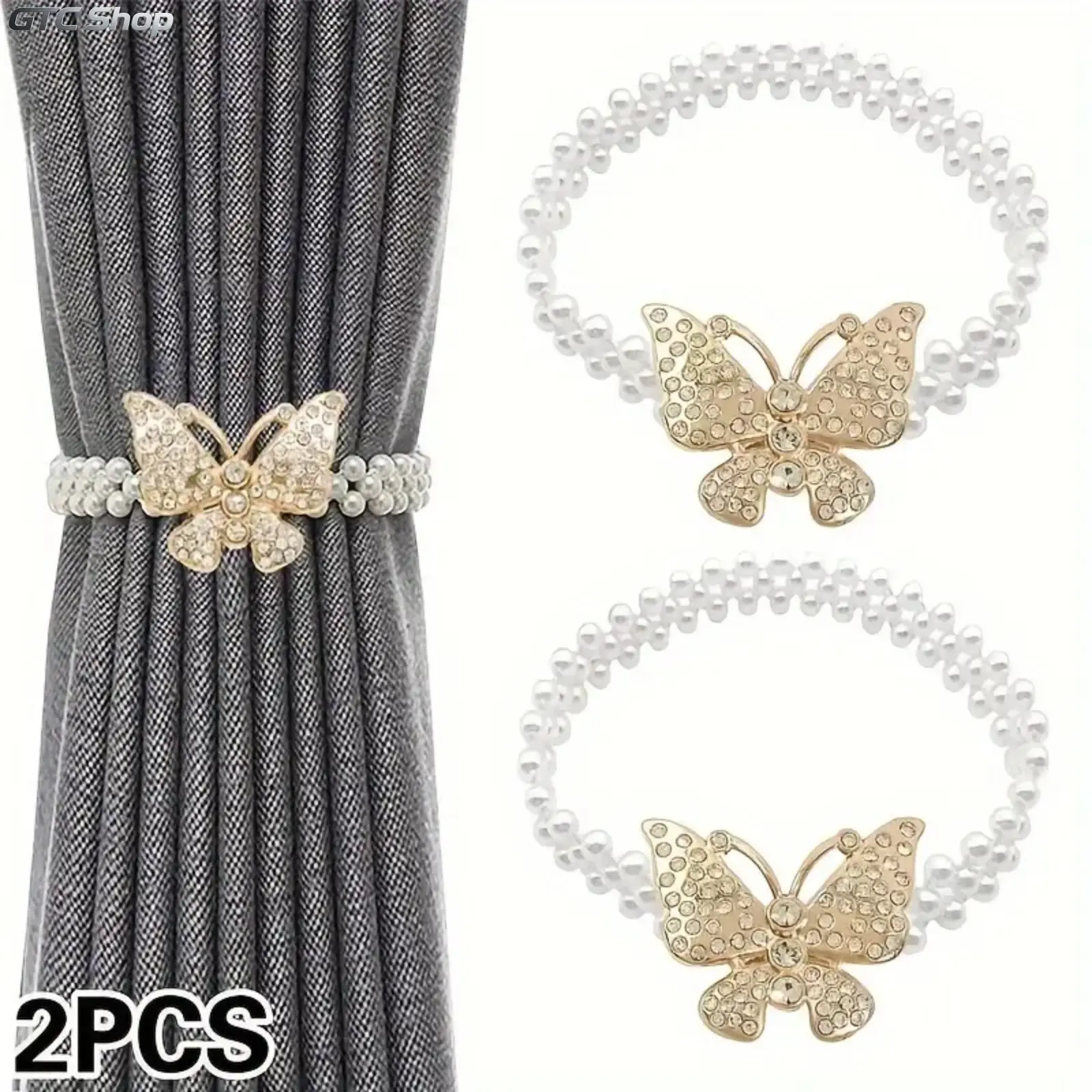 2‑Pieces Adjustable Curtain Tiebacks Set, Elegant Pearl‑Design Elastic Rope Curtain Clips, Stylish Curtain Accessory for Home, Office & Living Room Window Décor