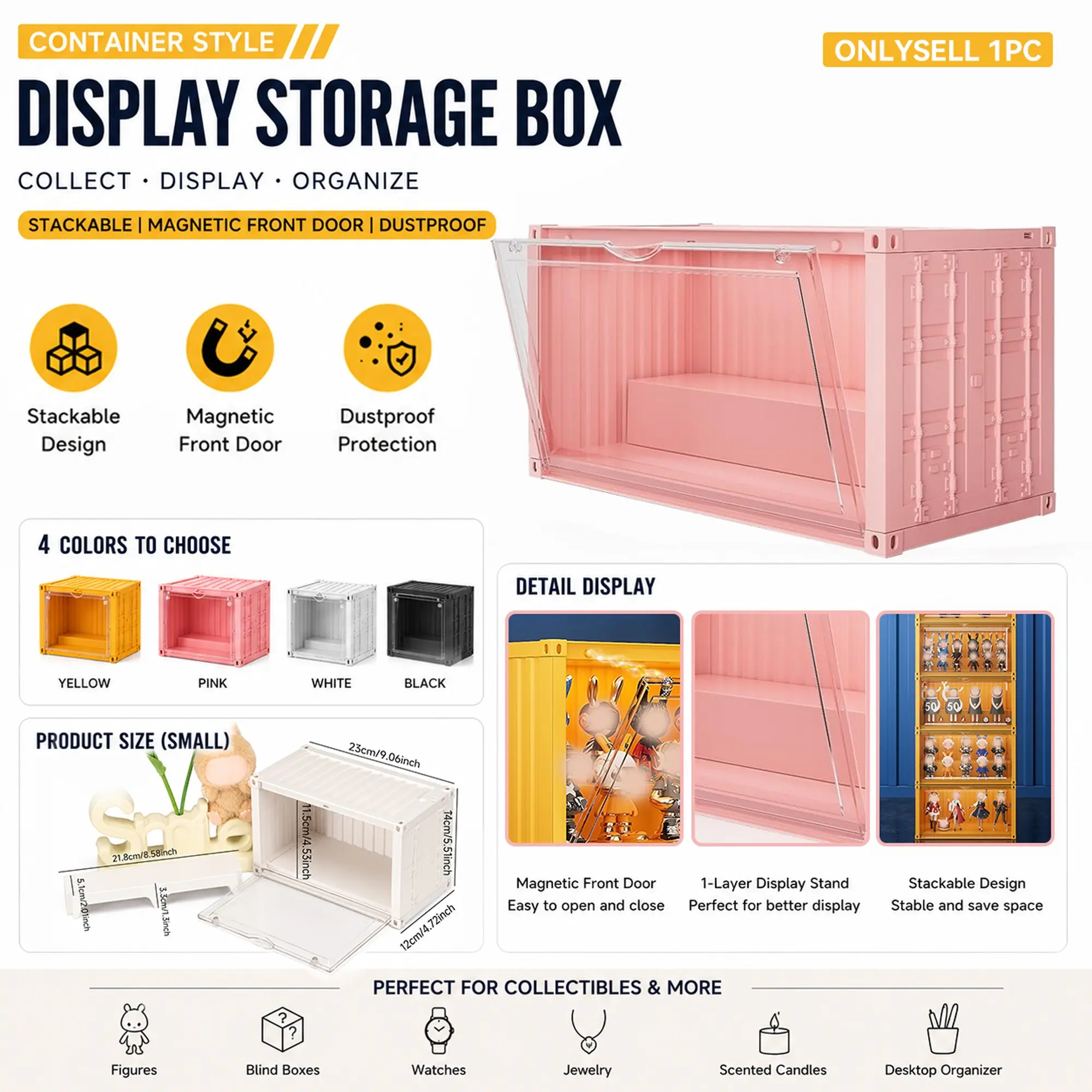 Modular Cargo Container Display Case with Tiered Step, Stackable Clear Acrylic Storage Showcase Box Holder Organizer for Action Figures, Pop Bean, Watches, Small Collectibles, Industrial Style