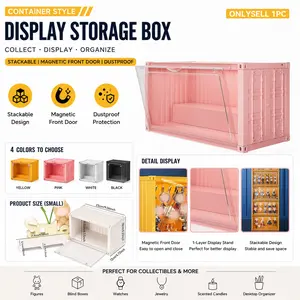 Modular Cargo Container Display Case with Tiered Step, Stackable Clear Acrylic Storage Showcase Box Holder Organizer for Action Figures, Pop Bean, Watches, Small Collectibles, Industrial Style