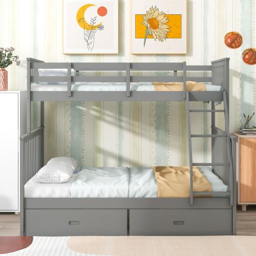 Twin Over Full Bunk Bed with Storage Drawers, Wooden Bunk Bed with Ladder and Safety Guard Rails –Espresso    RR