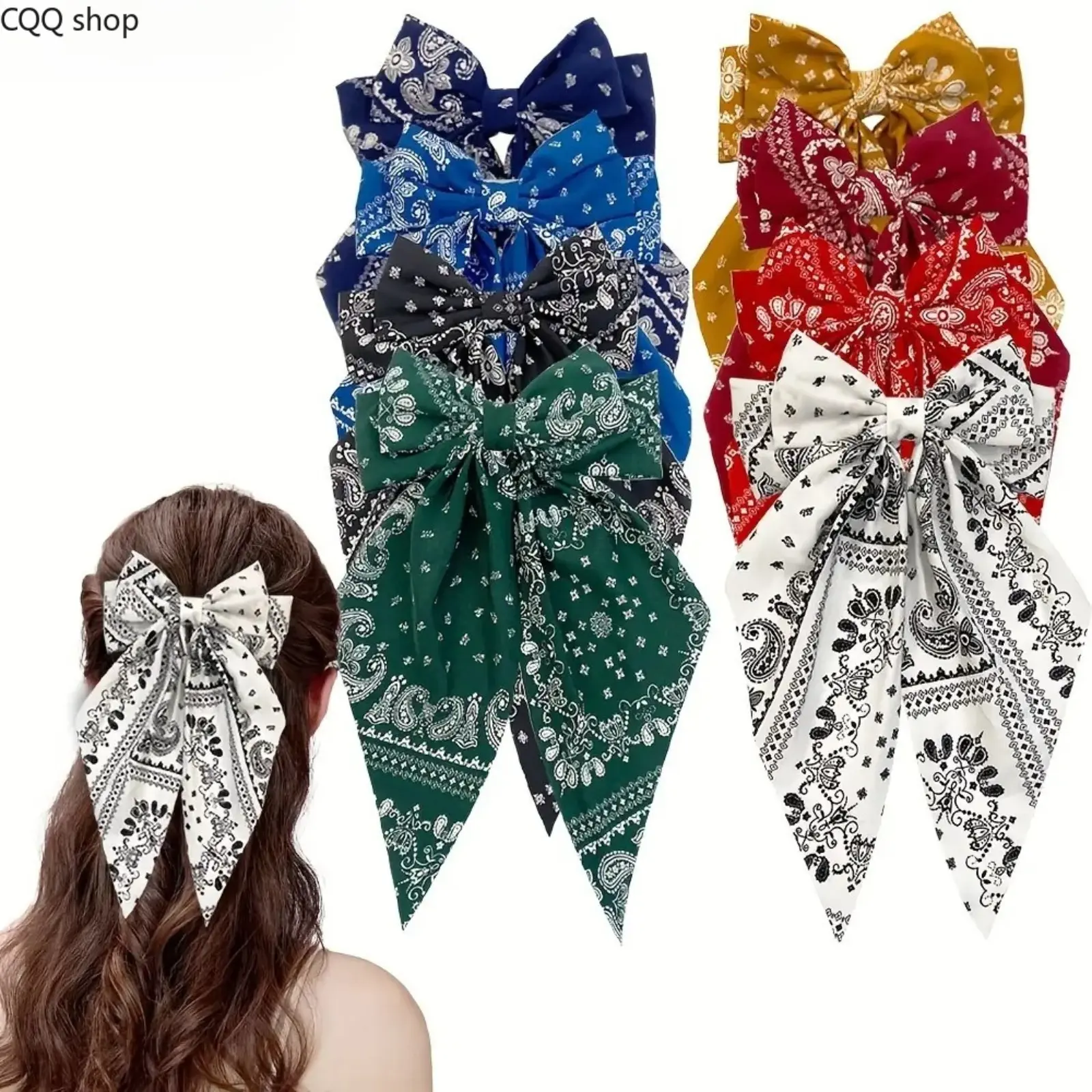 Paisley Bandana Hair Bows Clips Set for Women Trendy Large Bowknot Long Tail Hairpins Pack Vintage Fabric Hair Ribbon Barrettes Girls Daily Accessories