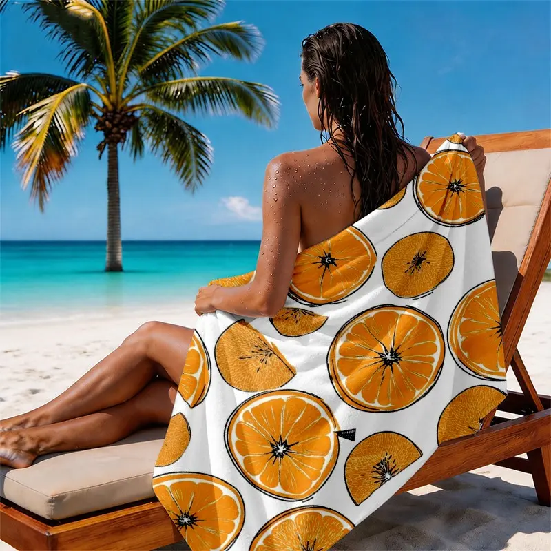 Orange Citrus Beach Towel, Fresh Orange Slice and Fruit Print, Absorbent and Sand Resistant with Soft Lightweight Feel, Suitable for Beach, Pool, Travel and Bathroom Use, Gift for Women and Family