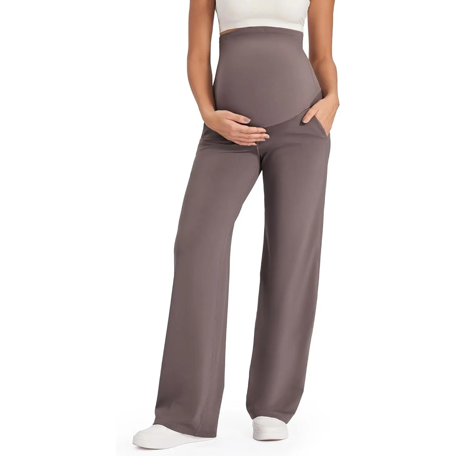 Women's Regular Fit Stretchy Plain Wide Leg Maternity Work Trousers - Soft, Over-the-Belly Support, Pockets, Casual, Prop 65 Safe, Apron Belly-Friendly Pregnancy Wear for Work & Lounge, Affordable Fashion, Wide Leg Trousers, Work Pants