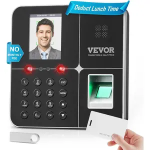 VEVOR Time Clocks for Employees Small Business with Face, Fingerprint, RFID and PIN Punching in One, Biometric Time Clock with 5 RFID Cards USB Drive, Automatic Punch in/Out, No Monthly Fees