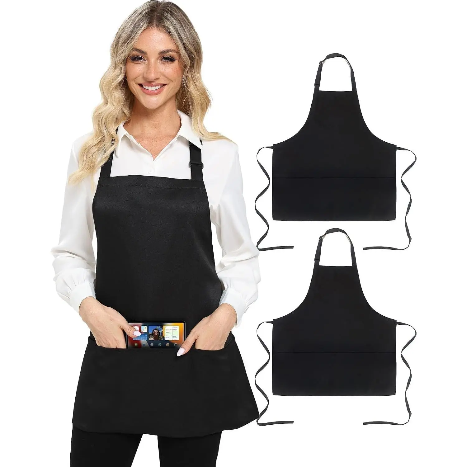 Black 3-Pocket Bib Apron, Unisex Chef Kitchen Cooking Apron with Adjustable Neck Strap, Protects Clothes from Stains, for Restaurant Work, HairstylistGift