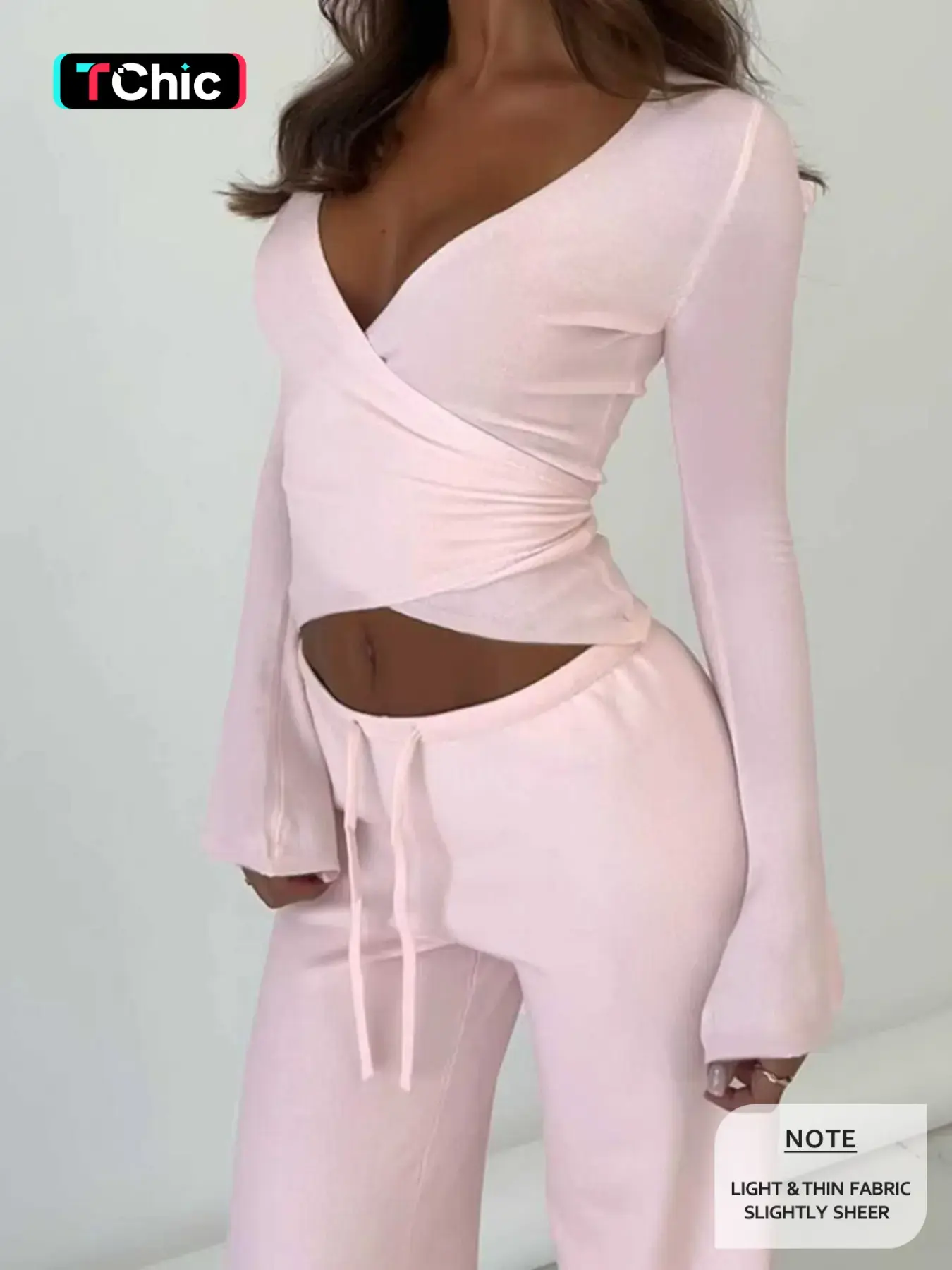 V Neck Sexy Top + Fashion Long Pants Christmas Holiday Atmosphere Set, Slim-Fitting, Plain Pattern, Spring & Fall Style, Minimalist, Clothes, Fashion Style Sets