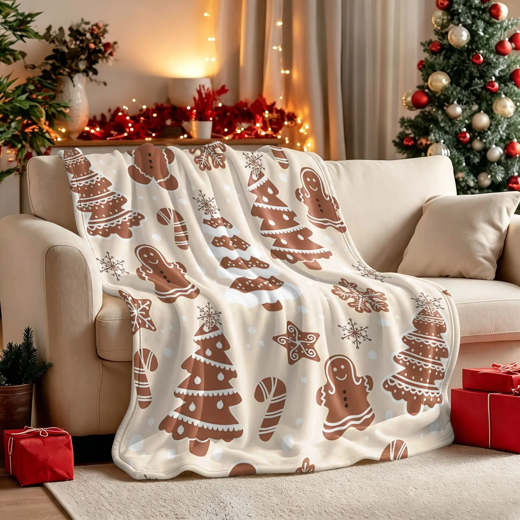 Gingerbread Man Christmas Tree Flannel Blanket, Winter Candy Cane & Snowflake Throw Blanket, Festive Holiday Warm Blanket for Teens Adults, Soft Retro Xmas Style Gift Blanket, Cozy for Couch Bed Sofa