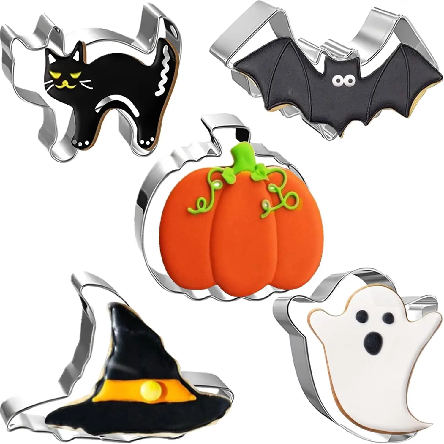 5- Halloween Cookie Cutters Set Stainless Steel cookie  molds Pumpkin, Bat, , 's Hat,   Cookie Cutters Holiday Decorative Party Supplies