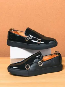 1 Pair Men Patent Double Buckle Loafer Sneakers, Korean Trend Slip On Gloss Leather Breath Liner Wave Non-slip Rubber Sole For Daily Commute