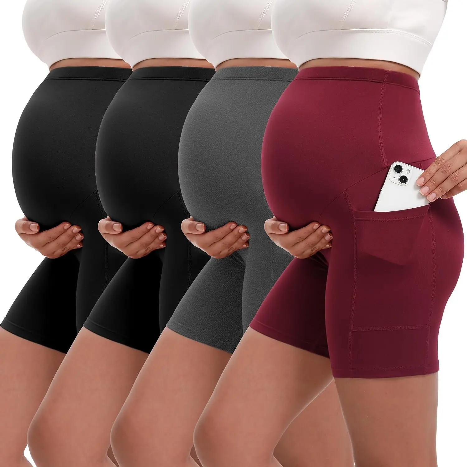 4 Pack Women's Over The Belly Maternity Shorts with Pockets - 5 Inch Biker Shorts with Two Side Pockets & Belly Support, Soft for Yoga, Workout, Gym, SummerGift